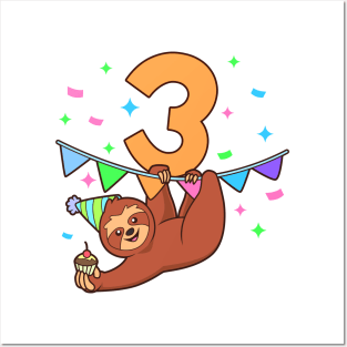 I am 3 with sloth - kids birthday 3 years old Posters and Art